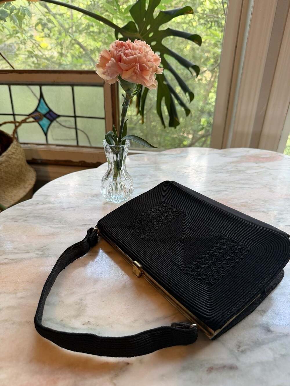 Vintage 1940s-1950s Black Cordé Handbag with Geometric Rope Design and Metal Fra